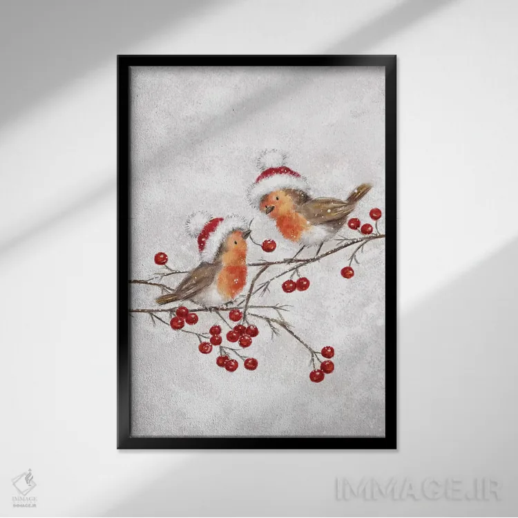 تابلو دکوراتیو "دو رابین" اثر ماکیکو - نمای قابدار مشکی