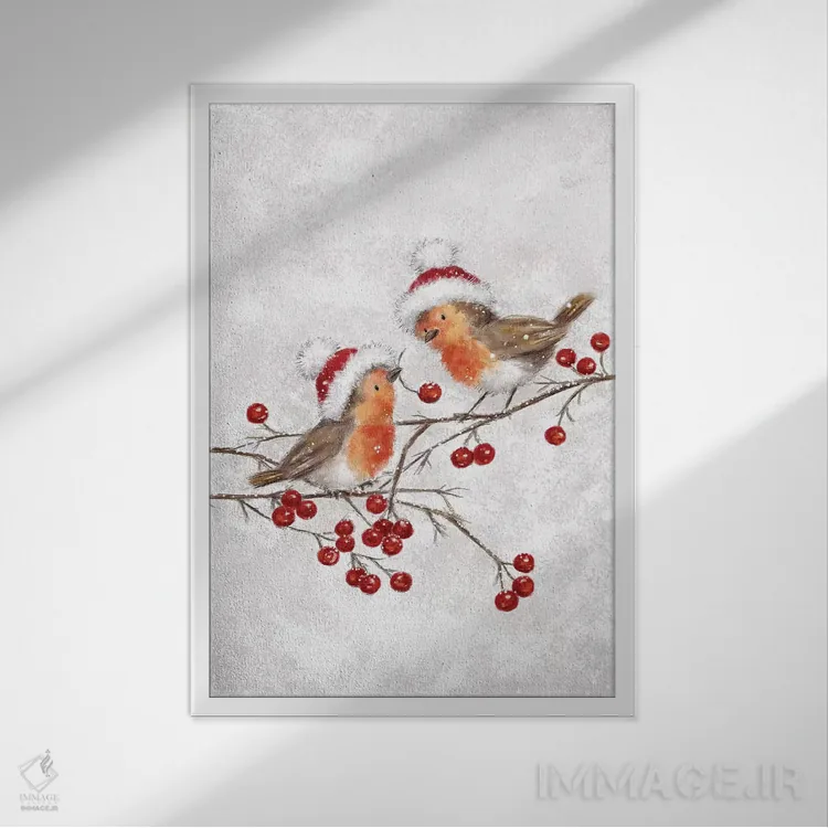 تابلو دکوراتیو "دو رابین" اثر ماکیکو - نمای قابدار سفید