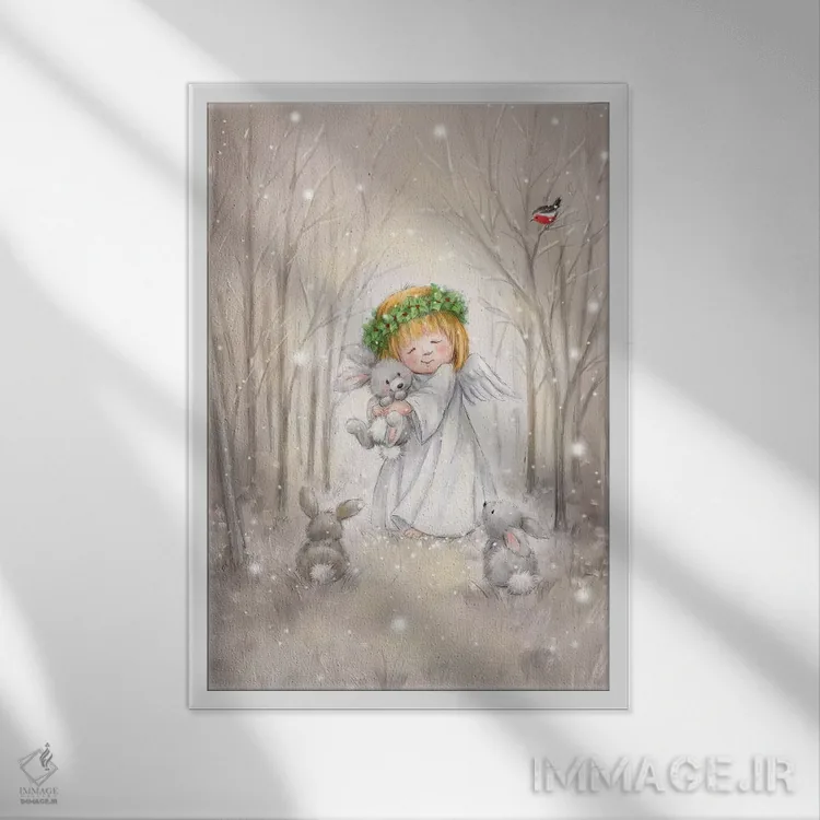تابلو دکوراتیو "فرشته با خرگوش" اثر ماکیکو - نمای قابدار سفید