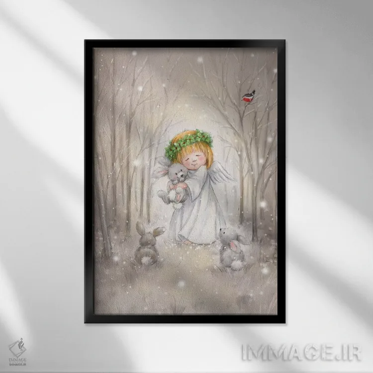 تابلو دکوراتیو "فرشته با خرگوش" اثر ماکیکو - نمای قابدار مشکی