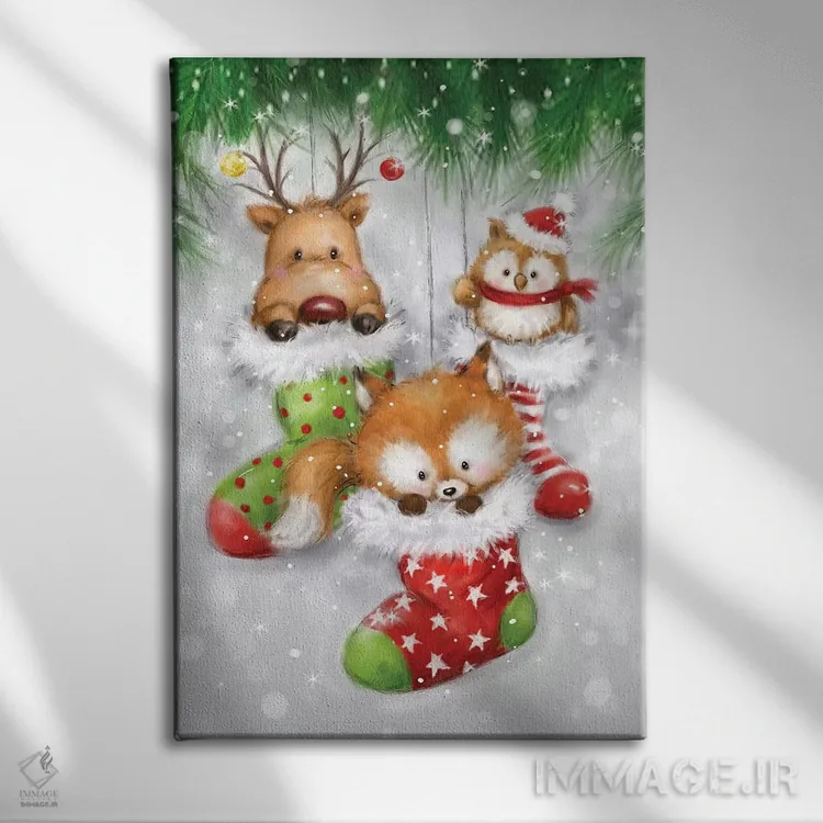 تابلو دکوراتیو "گوزن، جغد و روباه" اثر ماکیکو - نمای روبهرو روی دیوار