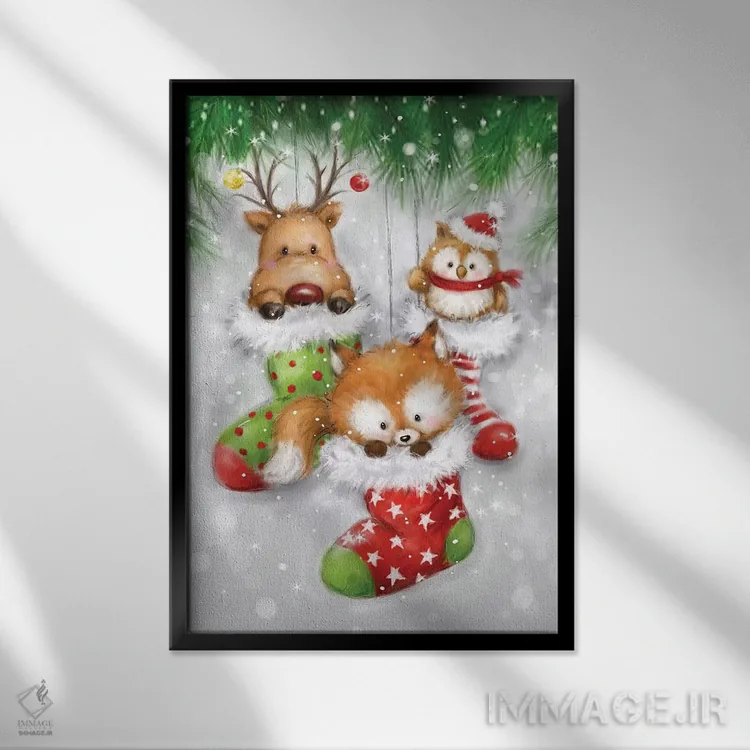 تابلو دکوراتیو "گوزن، جغد و روباه" اثر ماکیکو - نمای قابدار مشکی