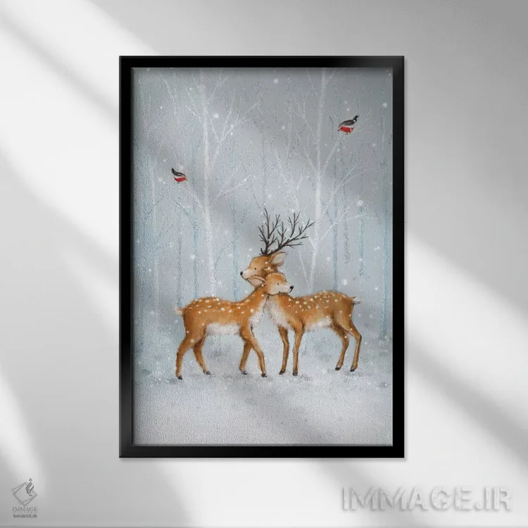 تابلو دکوراتیو "زوج گوزن در جنگل" اثر ماکیکو - نمای قابدار مشکی