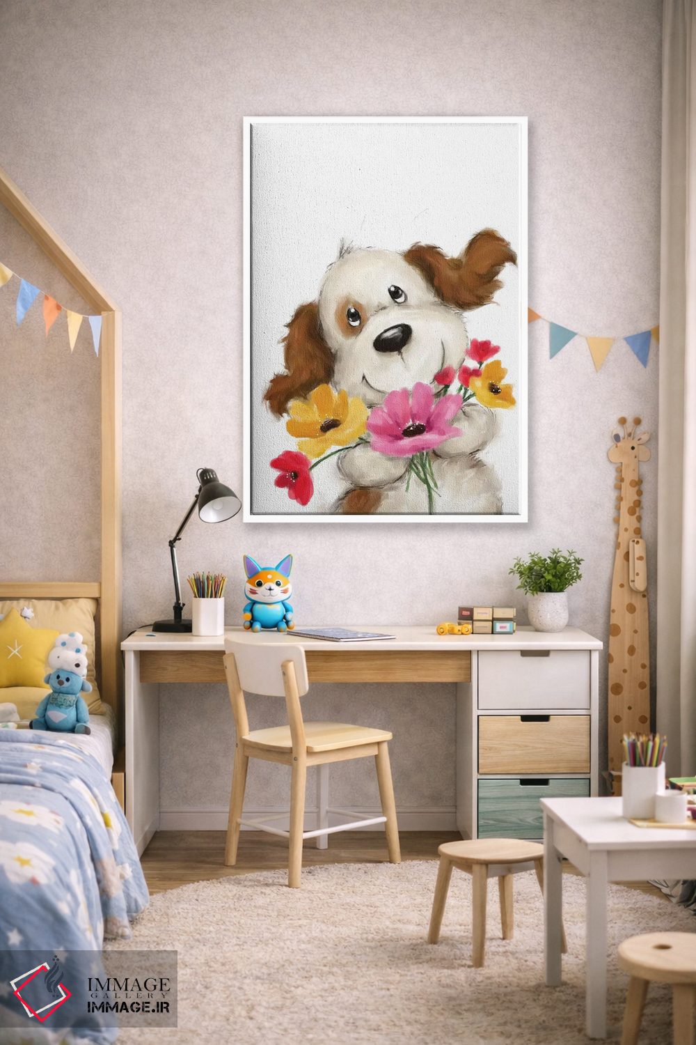 تابلو دکوراتیو "سگ با گل ها ۲" اثر ماکیکو - D1W