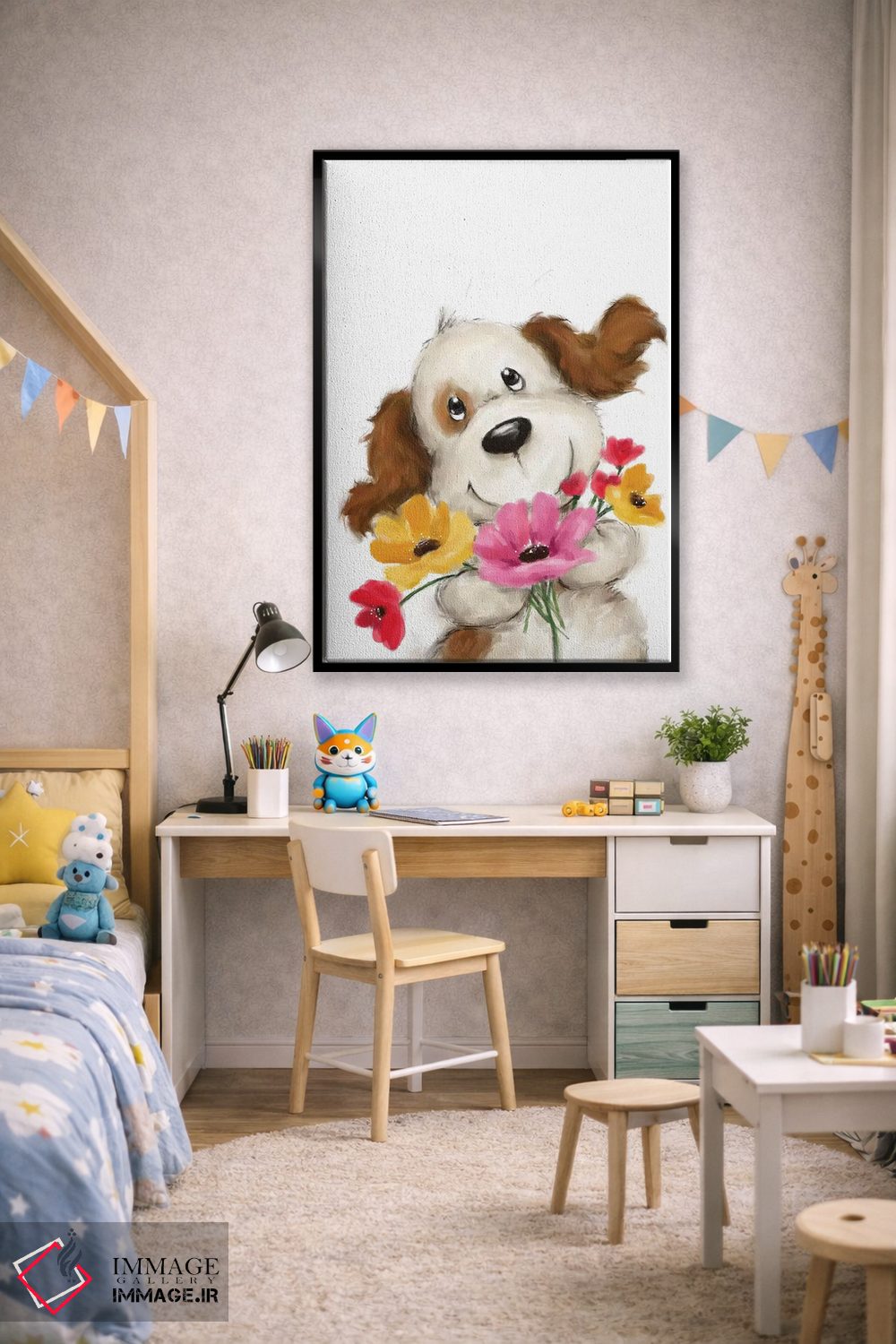 تابلو دکوراتیو "سگ با گل ها ۲" اثر ماکیکو - D2B