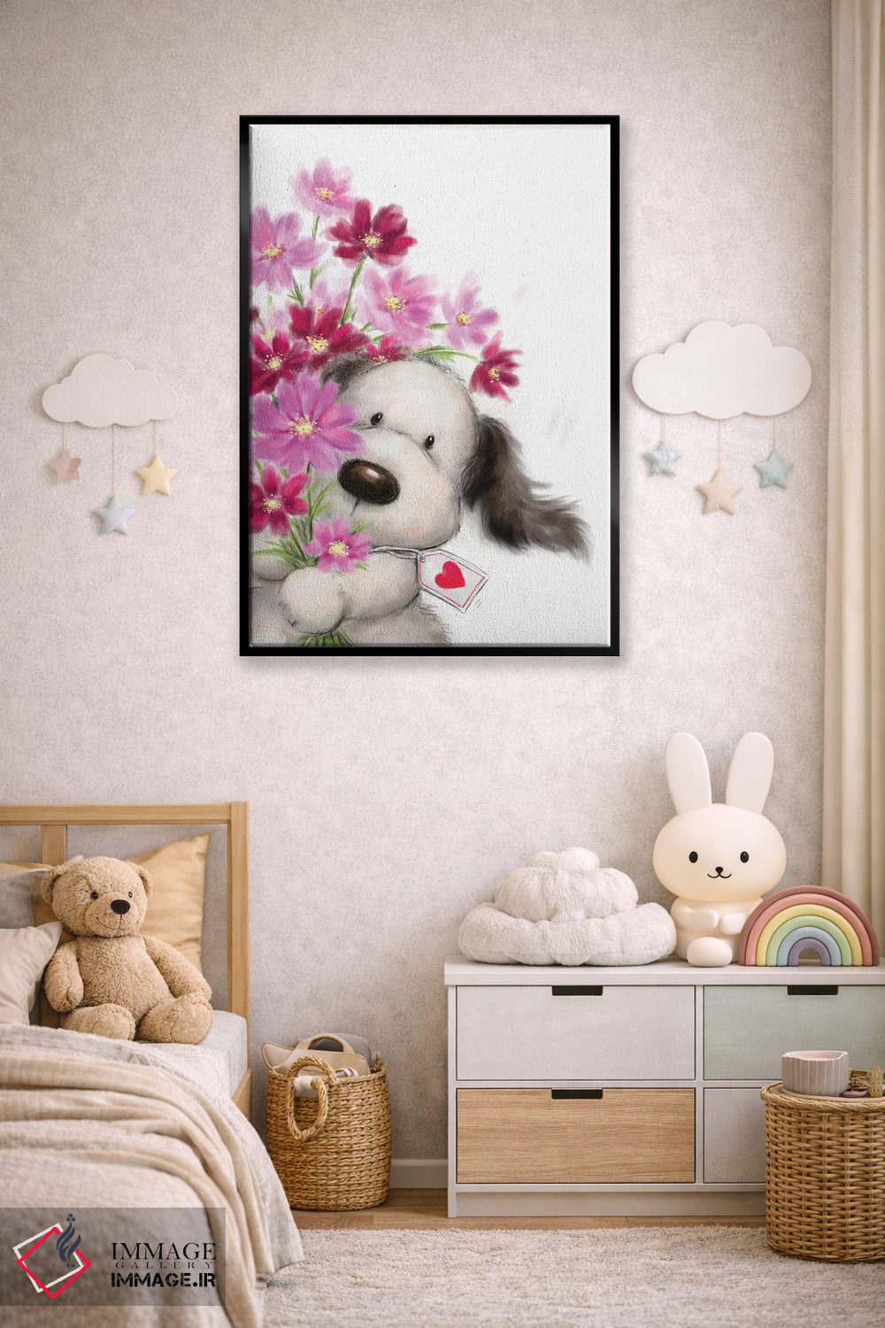 تابلو دکوراتیو "سگ با گل ها ۱" اثر ماکیکو - D5B