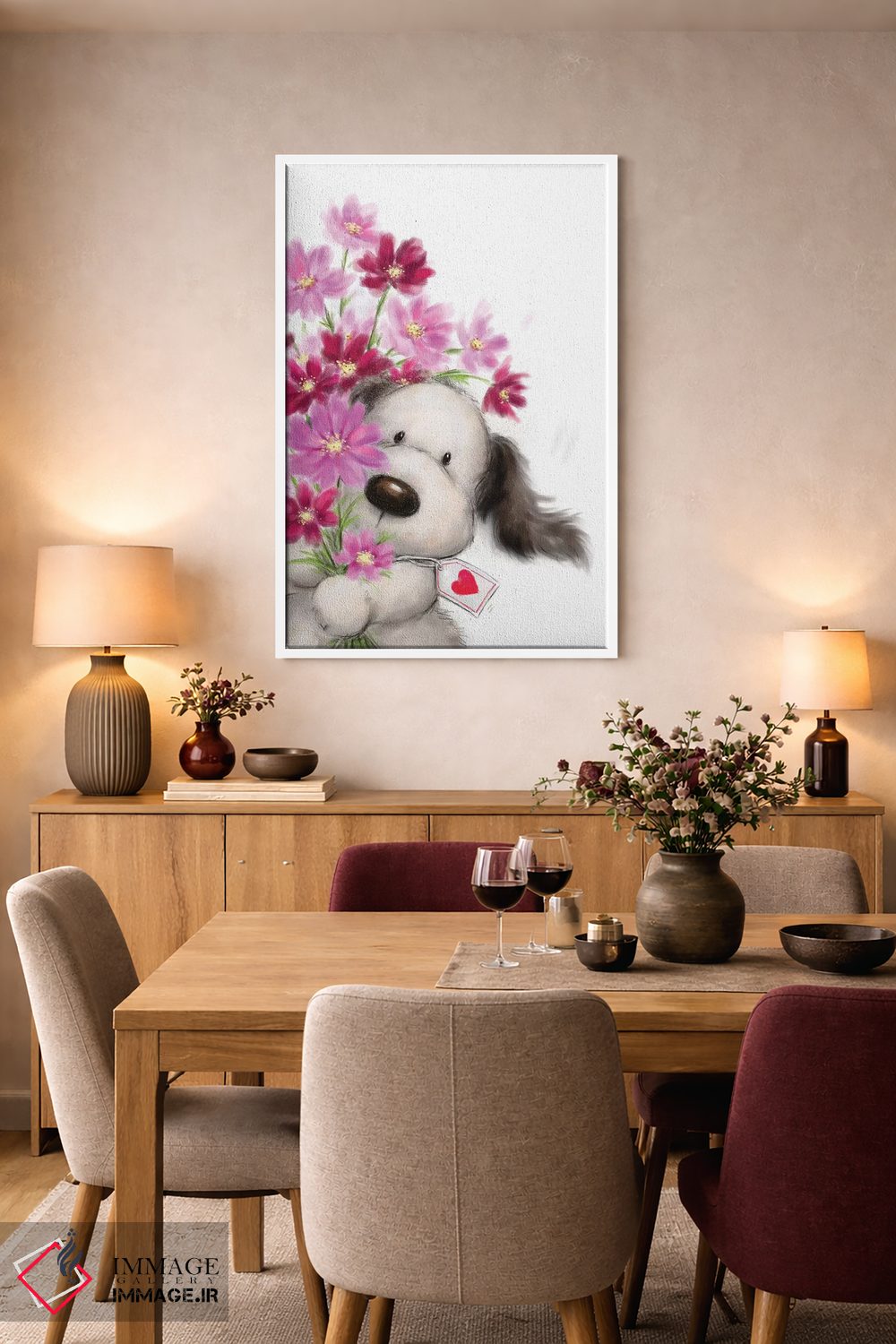 تابلو دکوراتیو "سگ با گل ها ۱" اثر ماکیکو - D6W