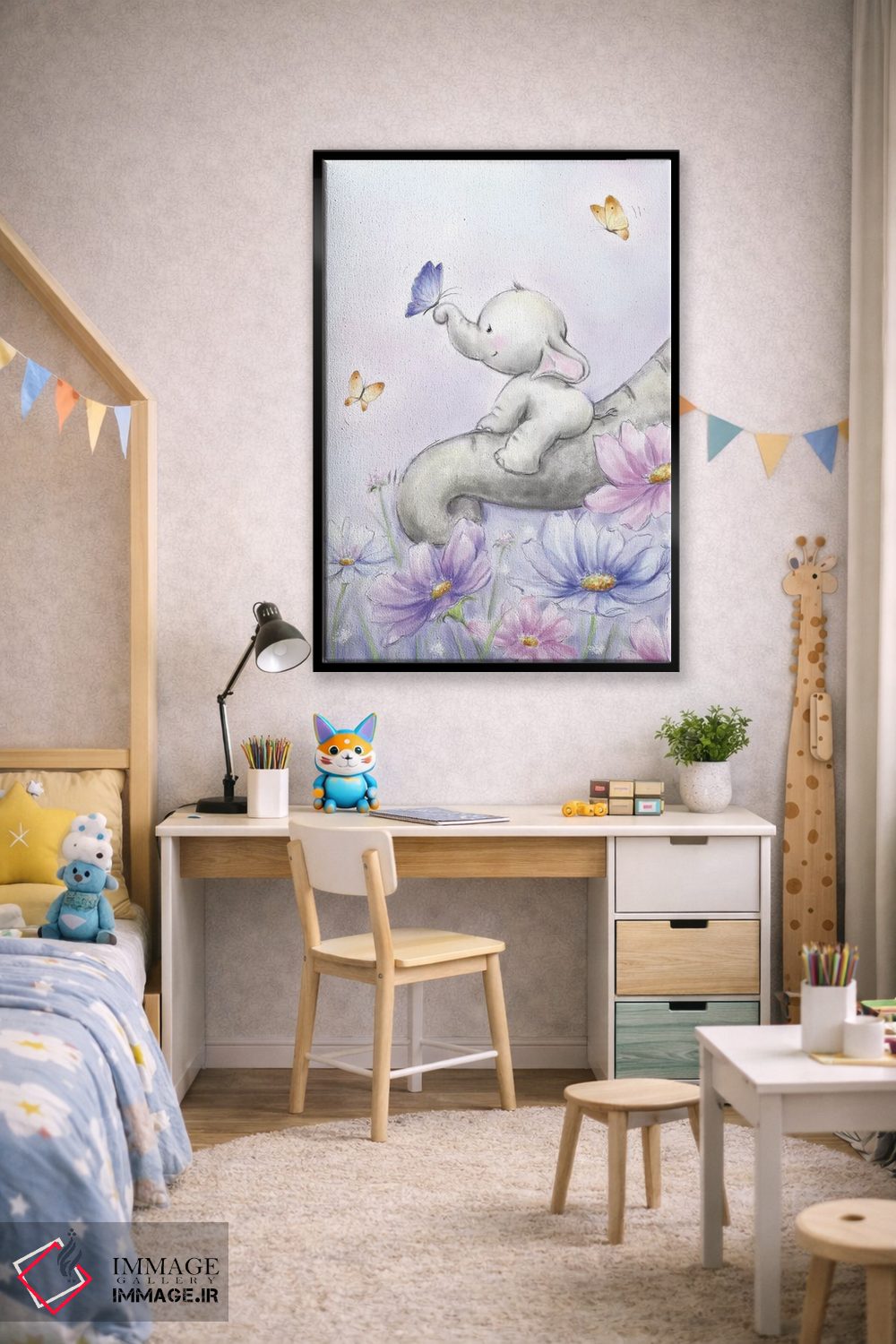 تابلو دکوراتیو "فیل با پروانه" اثر ماکیکو - D2B
