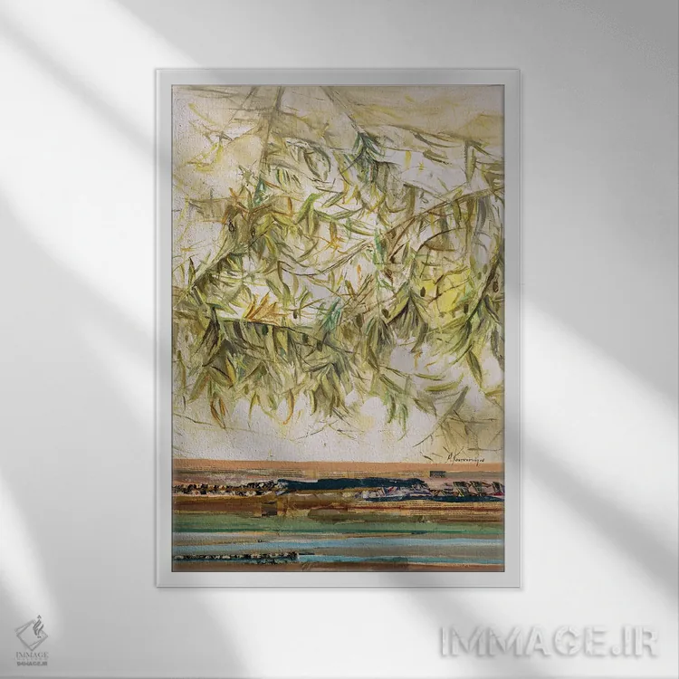 تابلو انتزاعی شاخه های زیتون اثر مارینا کوتسو سپیرو - نمای قابدار سفید