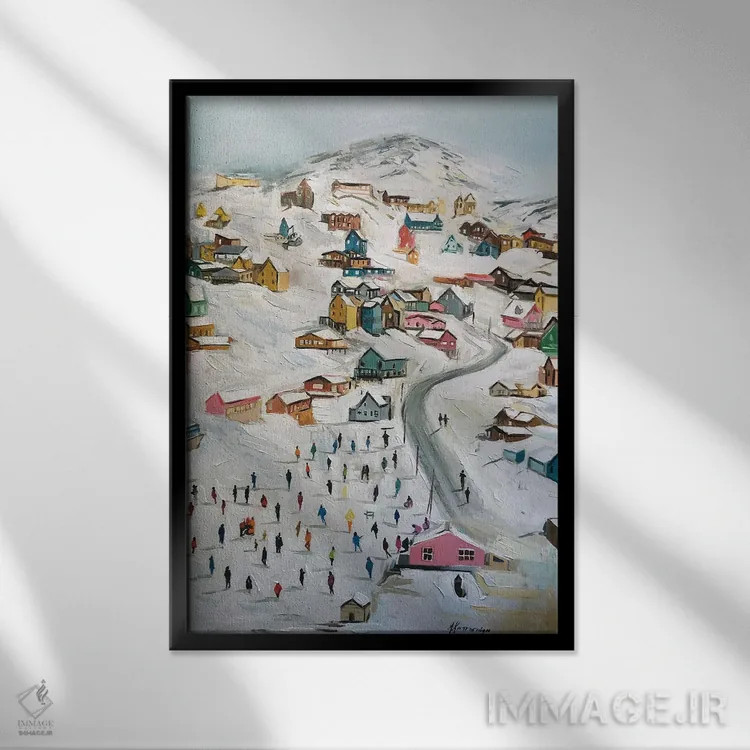 تابلو دکوراتیو روستای برفی اثر مارینا کوتسو سپیرو - نمای قابدار مشکی