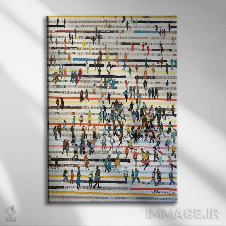 تابلو انتزاعی خطوط با مردم اثر مارینا کوتسو سپیرو - نمای روبهرو روی دیوار