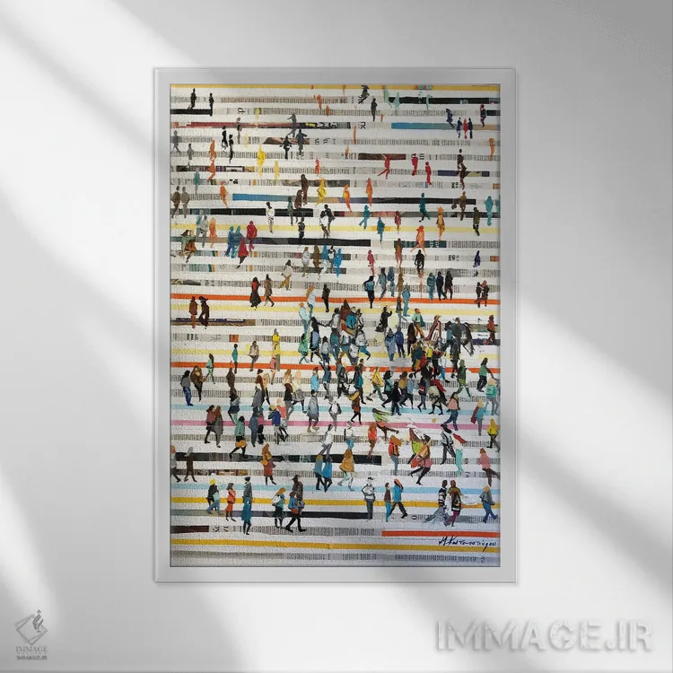 تابلو انتزاعی خطوط با مردم اثر مارینا کوتسو سپیرو - نمای قابدار سفید