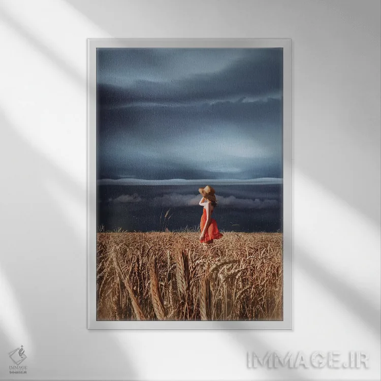 تابلو دکوراتیو مزارع گندم و رعدوبرق اثر هوبوپیبا - نمای قابدار سفید