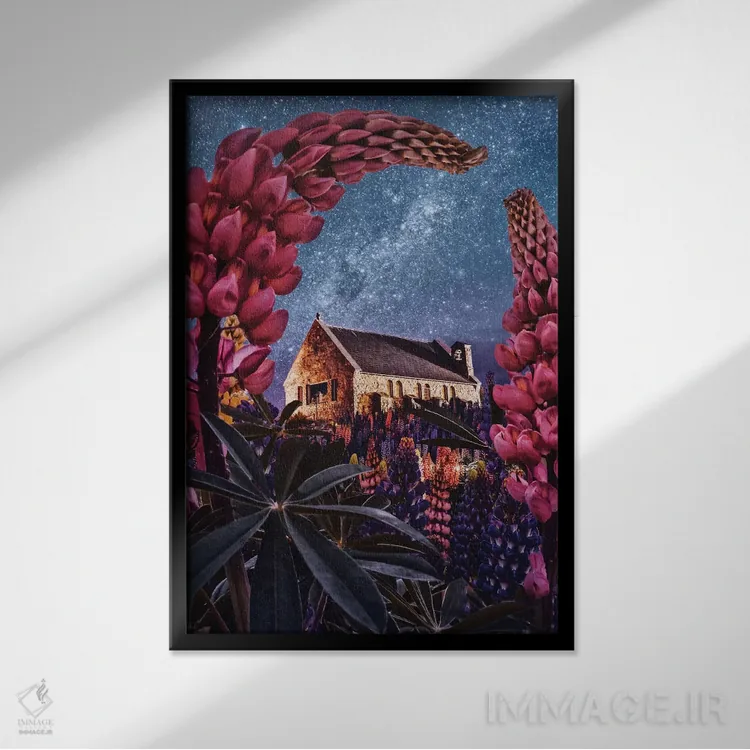 تابلو دکوراتیو لوپین های شبانه در دریاچه تکاپو ۱ اثر هوبوپیبا - نمای قابدار مشکی