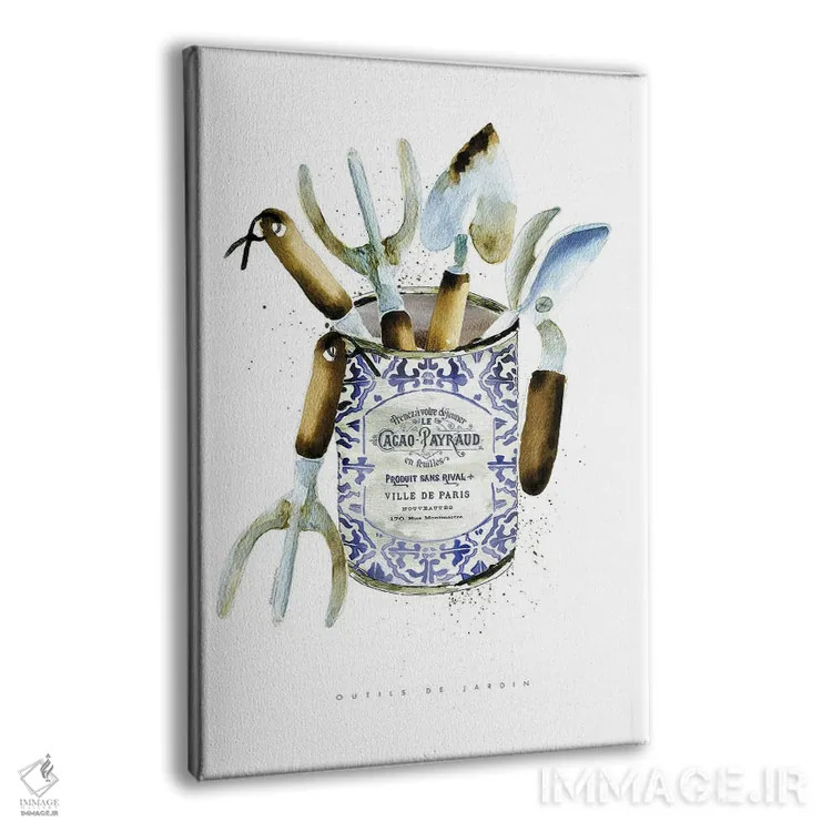 تابلو دکوراتیو "ابزار باغبانی در قوطی قدیمی" اثر مرسدس لوپز چارو - نمای پرسپکتیو محصول