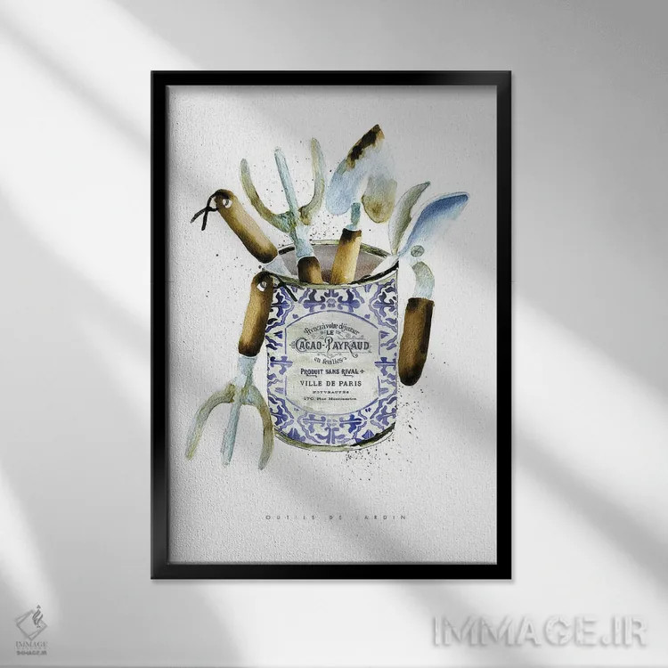 تابلو دکوراتیو "ابزار باغبانی در قوطی قدیمی" اثر مرسدس لوپز چارو - نمای قابدار مشکی
