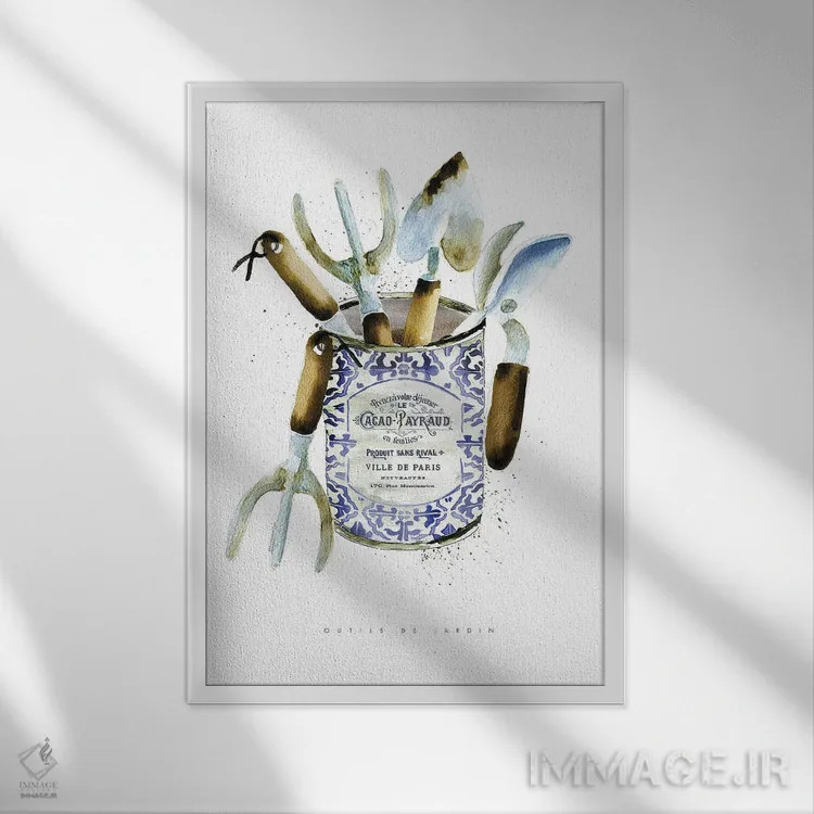 تابلو دکوراتیو "ابزار باغبانی در قوطی قدیمی" اثر مرسدس لوپز چارو - نمای قابدار سفید