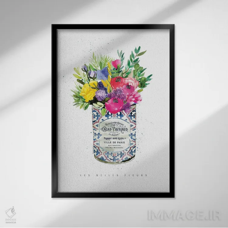 تابلو دکوراتیو "گل های تابستانی در قوطی قدیمی" اثر مرسدس لوپز چارو - نمای قابدار مشکی