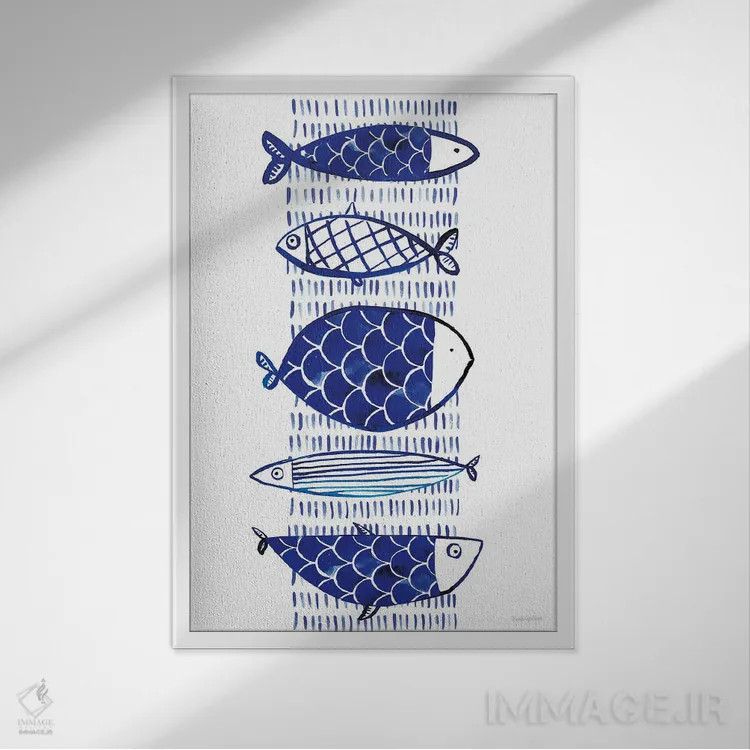 تابلو مینیمال "ماهی آبی I" اثر مرسدس لوپز چارو - نمای قابدار سفید