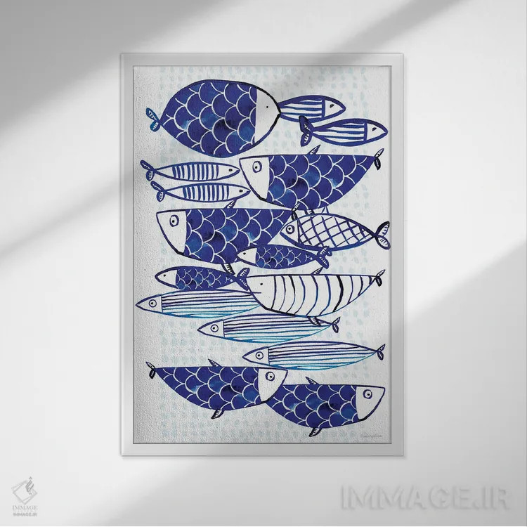 تابلو مینیمال "ماهی آبی III" اثر مرسدس لوپز چارو - نمای قابدار سفید