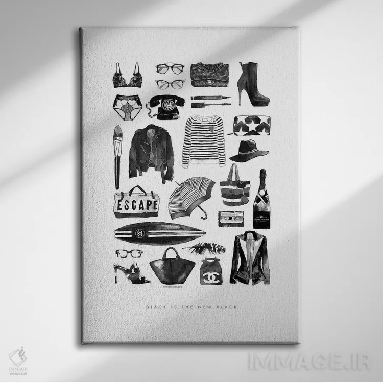 تابلو دکوراتیو اقلام مد سیاه اثر مرسدس لوپز چارو - نمای روبهرو روی دیوار