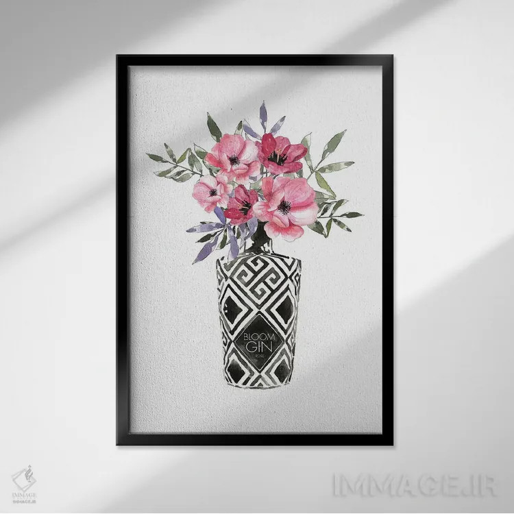 تابلو مینیمال شکوفه ها در بطری اثر مرسدس لوپز چارو - نمای قابدار مشکی