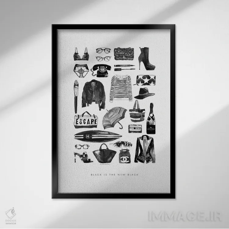 تابلو دکوراتیو اقلام مد سیاه اثر مرسدس لوپز چارو - نمای قابدار مشکی