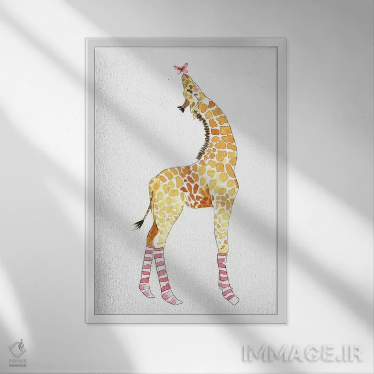 تابلو دکوراتیو زرافه با پروانه اثر مرسدس لوپز چارو - نمای قابدار سفید