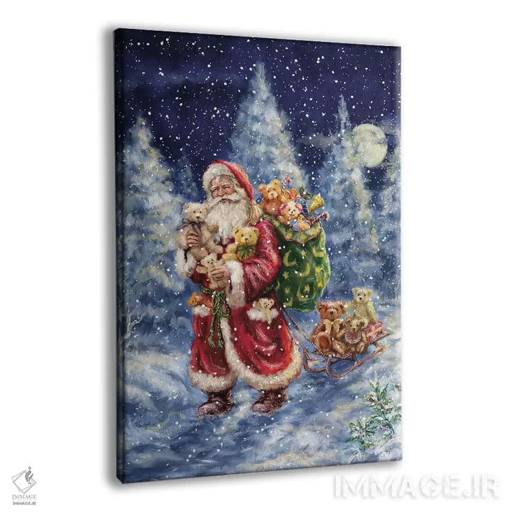 تابلو دکوراتیو بابانوئل در جنگل زمستانی با کیسه اثر مارچلو کورتی - نمای پرسپکتیو محصول