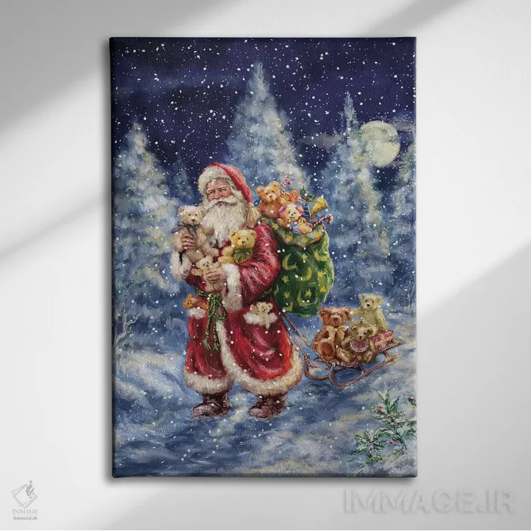 تابلو دکوراتیو بابانوئل در جنگل زمستانی با کیسه اثر مارچلو کورتی - نمای روبهرو روی دیوار