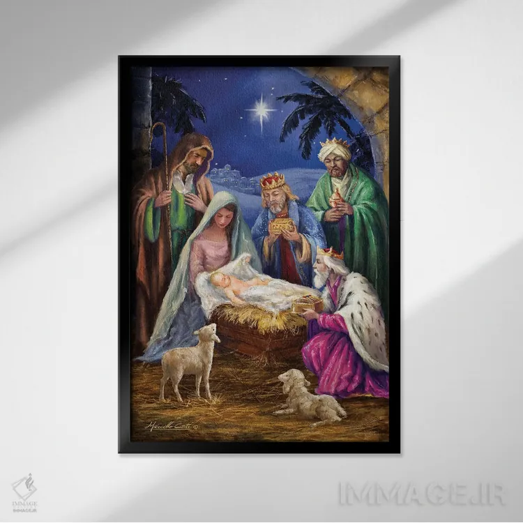 تابلو دکوراتیو خانواده مقدس با سه پادشاه اثر مارچلو کورتی - نمای قابدار مشکی