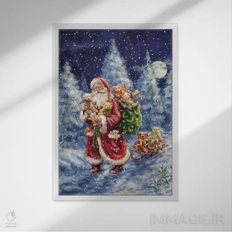 تابلو دکوراتیو بابانوئل در جنگل زمستانی با کیسه اثر مارچلو کورتی - نمای قابدار سفید