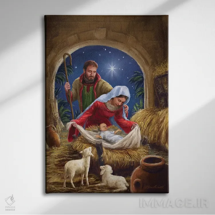 تابلو دکوراتیو خانواده مقدس با گوسفندان اثر مارچلو کورتی - نمای روبهرو روی دیوار