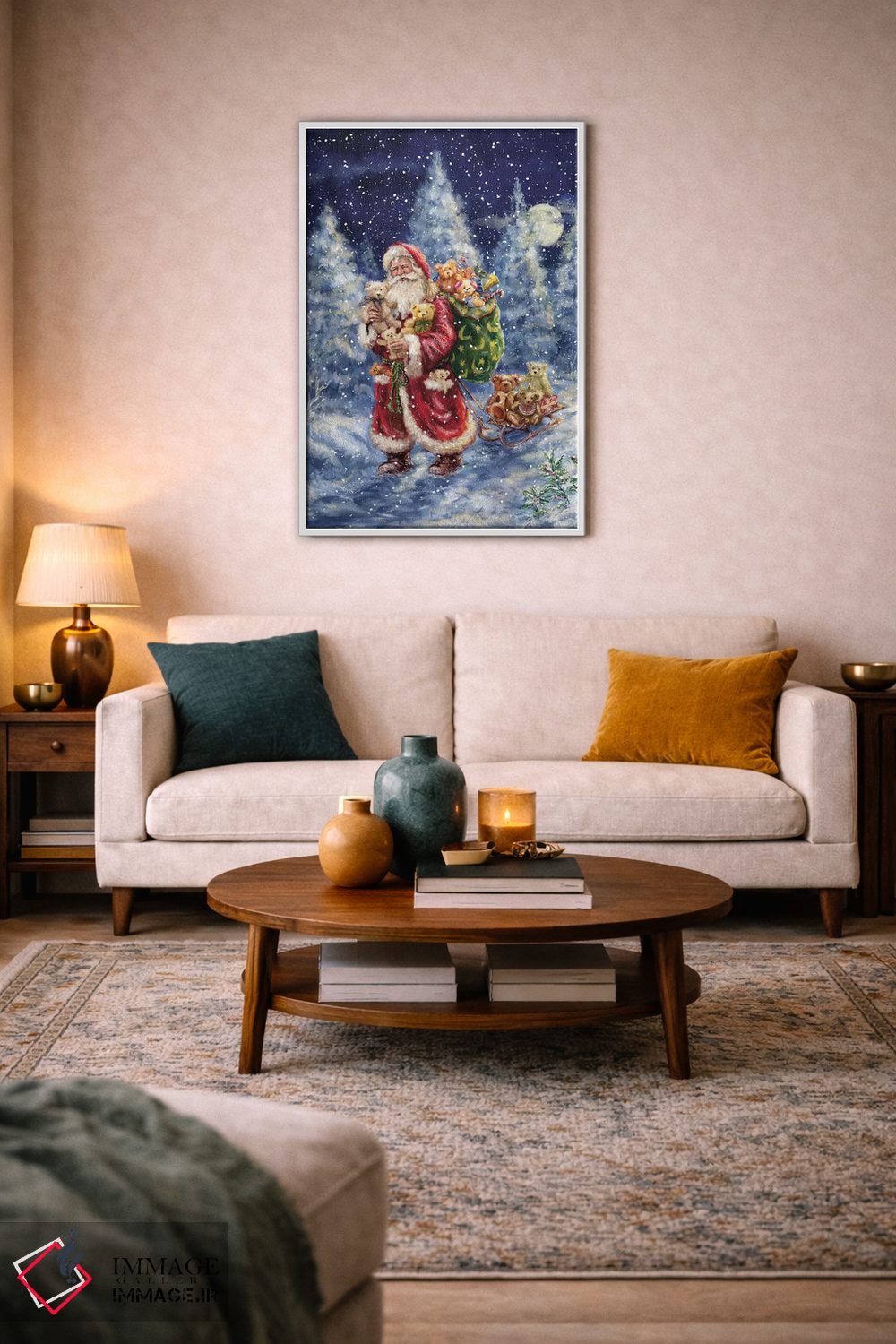 تابلو دکوراتیو بابانوئل در جنگل زمستانی با کیسه اثر مارچلو کورتی - D2W