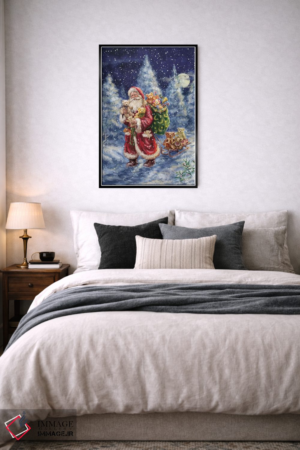 تابلو دکوراتیو بابانوئل در جنگل زمستانی با کیسه اثر مارچلو کورتی - D6B