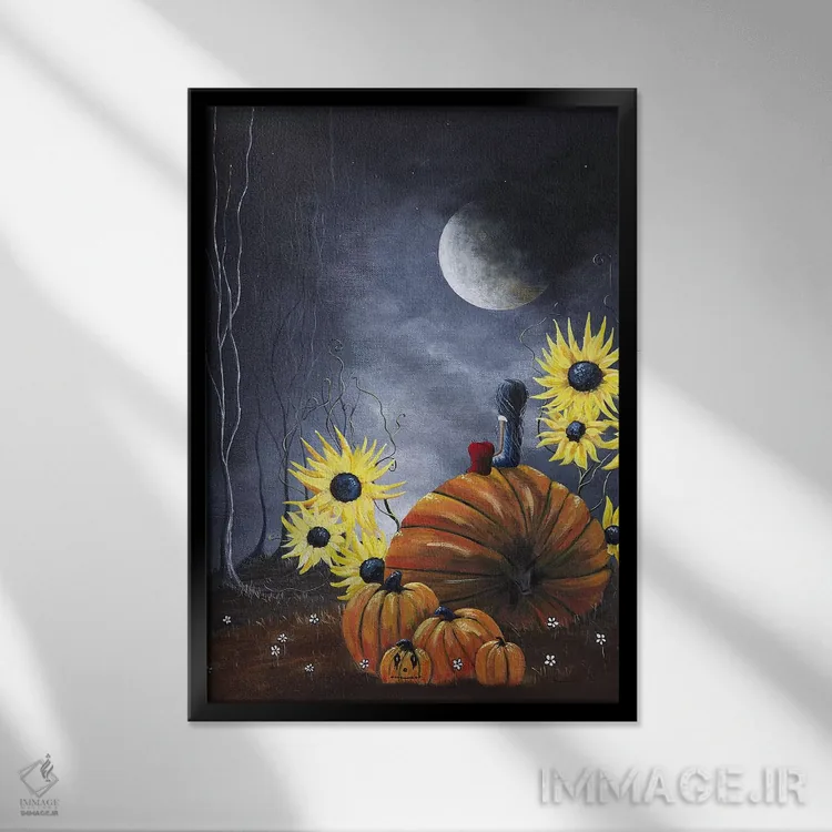 تابلو دکوراتیو نیمه شب در مزرعه کدو تنبل اثر سالن هنری مون لایت - نمای قابدار مشکی
