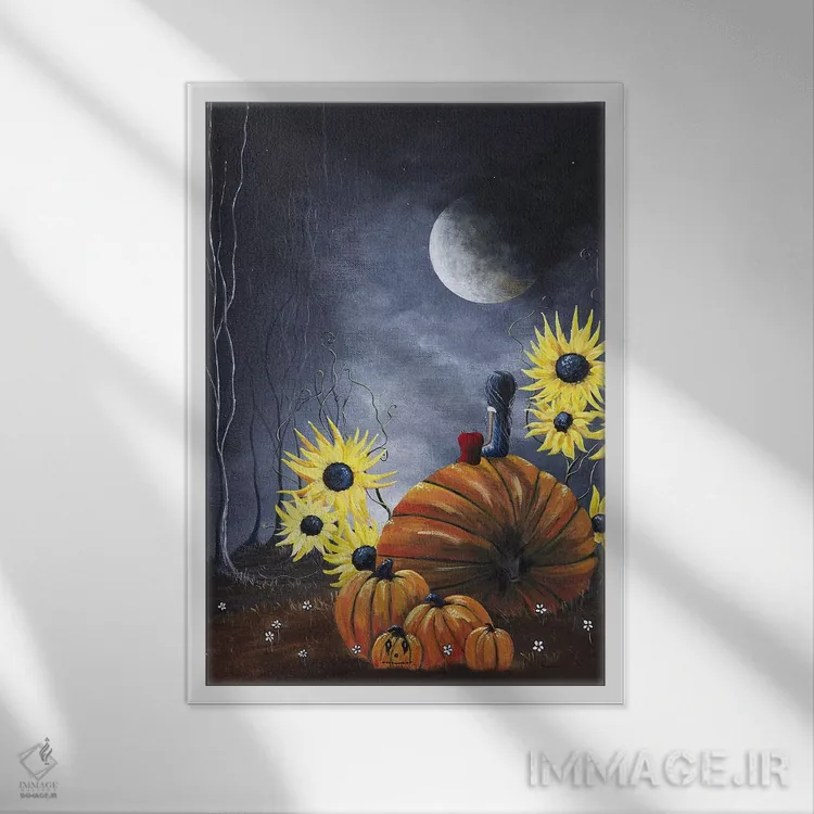 تابلو دکوراتیو نیمه شب در مزرعه کدو تنبل اثر سالن هنری مون لایت - نمای قابدار سفید