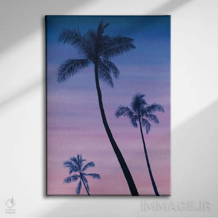 تابلو دکوراتیو "غروب کنار نخل ها" اثر مارلن ژانس - نمای روبهرو روی دیوار