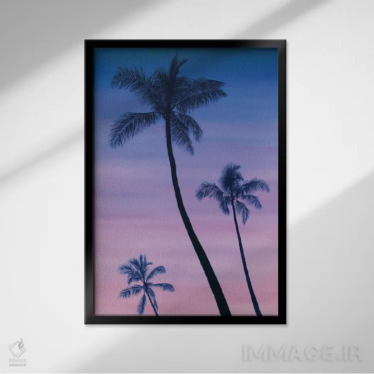 تابلو دکوراتیو "غروب کنار نخل ها" اثر مارلن ژانس - نمای قابدار مشکی