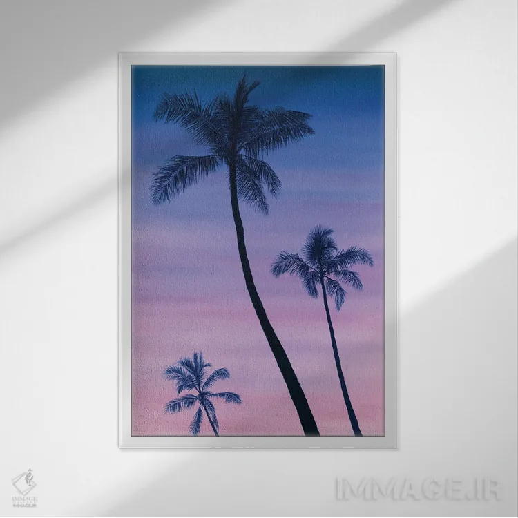 تابلو دکوراتیو "غروب کنار نخل ها" اثر مارلن ژانس - نمای قابدار سفید