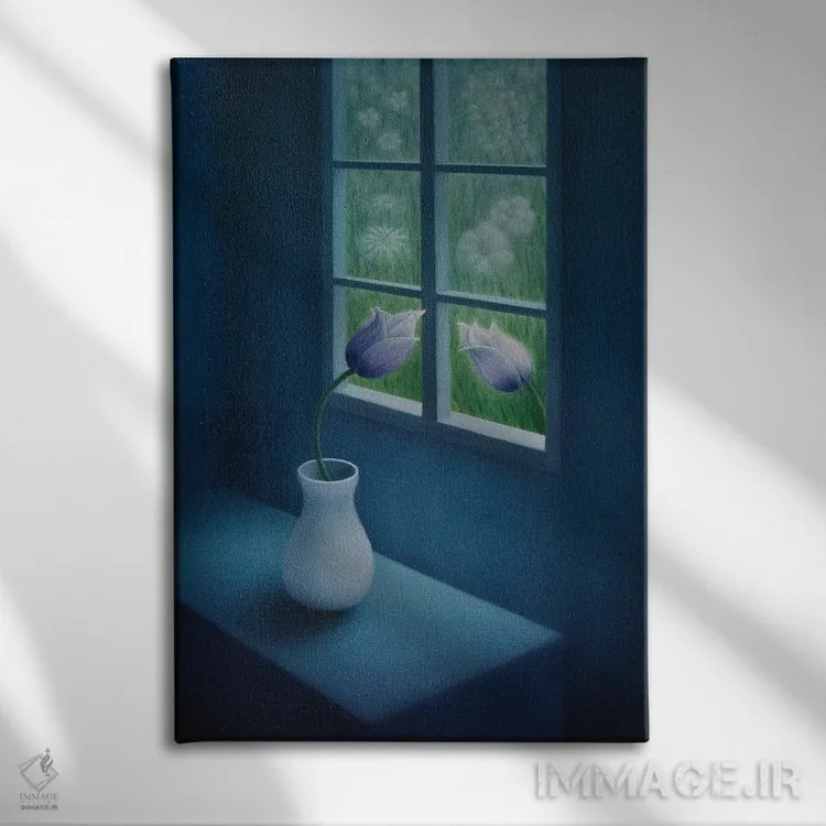 تابلو دکوراتیو "گل ها کنار پنجره" اثر مارلن ژانس - نمای روبهرو روی دیوار