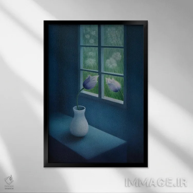 تابلو دکوراتیو "گل ها کنار پنجره" اثر مارلن ژانس - نمای قابدار مشکی