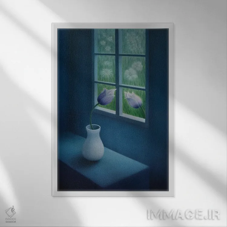 تابلو دکوراتیو "گل ها کنار پنجره" اثر مارلن ژانس - نمای قابدار سفید