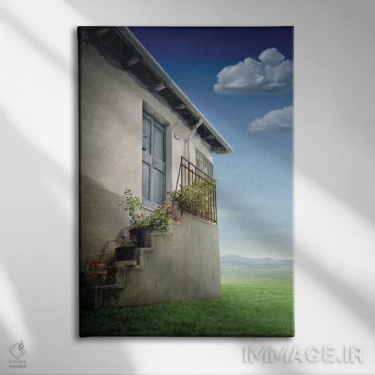 تابلو دکوراتیو "خانه روی تپه" اثر مارلن ژانس - نمای روبهرو روی دیوار