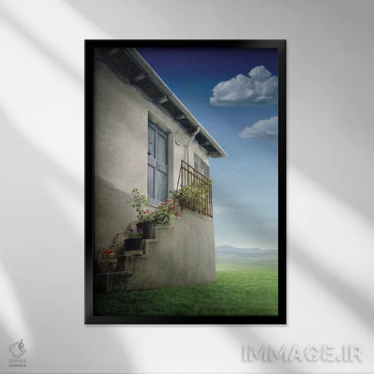 تابلو دکوراتیو "خانه روی تپه" اثر مارلن ژانس - نمای قابدار مشکی
