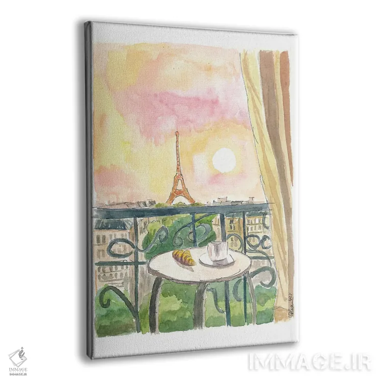 تابلو دکوراتیو "نمای بالکن پاریس فرانسه با کروسان و قهوه" اثر مارکوس و مارتینا بلیشنر - نمای پرسپکتیو محصول