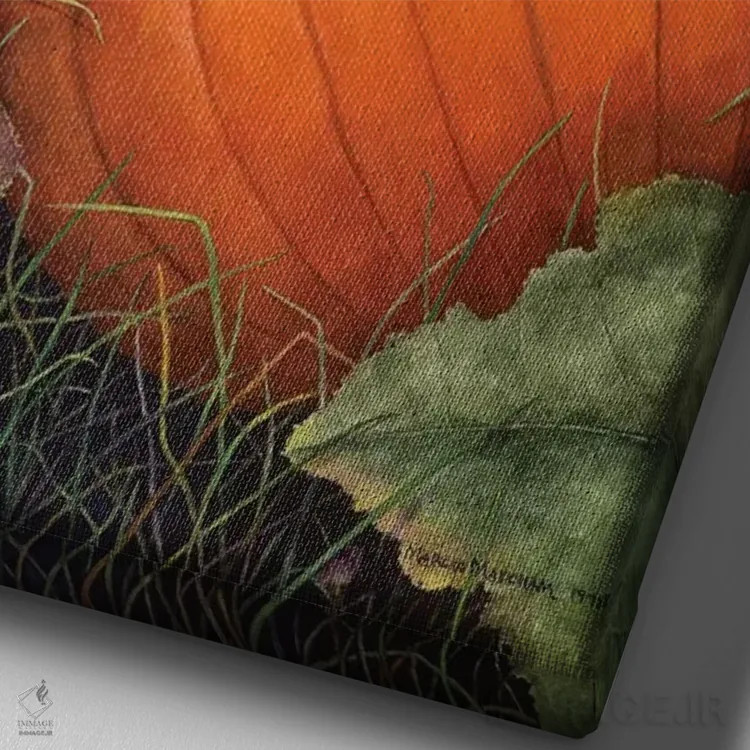 تابلو دکوراتیو "مرغ طلایی و کدو" اثر مارسیا مچم - نمای نزدیک بافت بوم