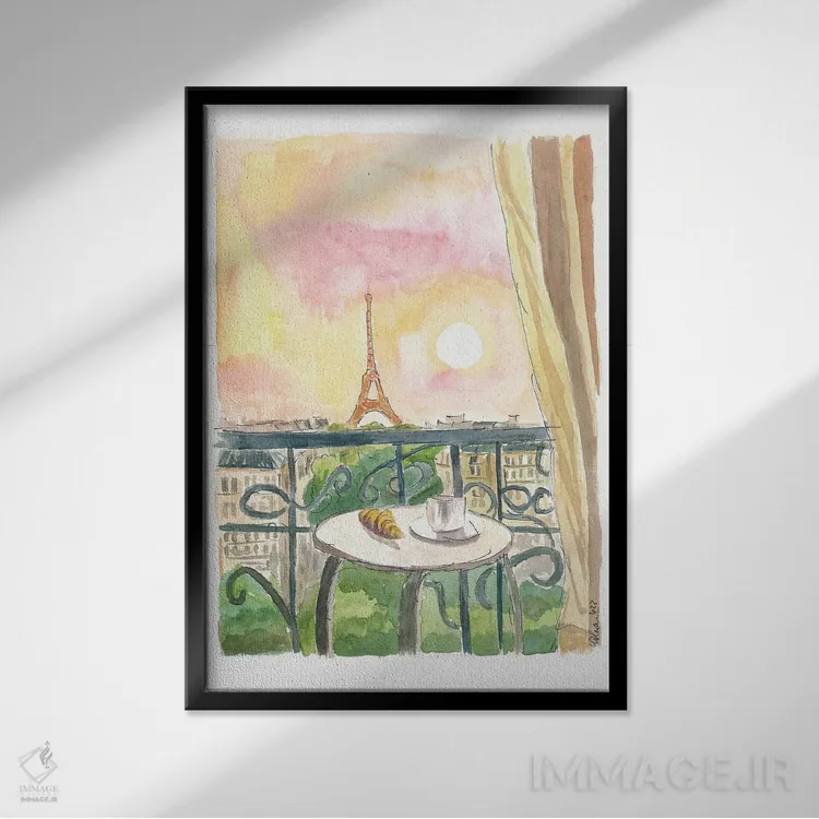 تابلو دکوراتیو "نمای بالکن پاریس فرانسه با کروسان و قهوه" اثر مارکوس و مارتینا بلیشنر - نمای قابدار مشکی