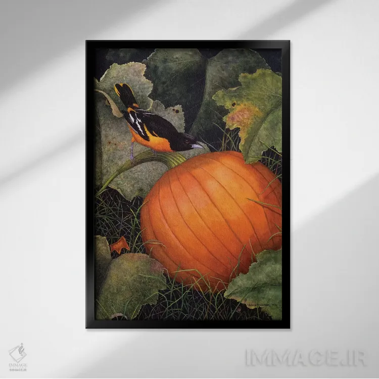 تابلو دکوراتیو "مرغ طلایی و کدو" اثر مارسیا مچم - نمای قابدار مشکی