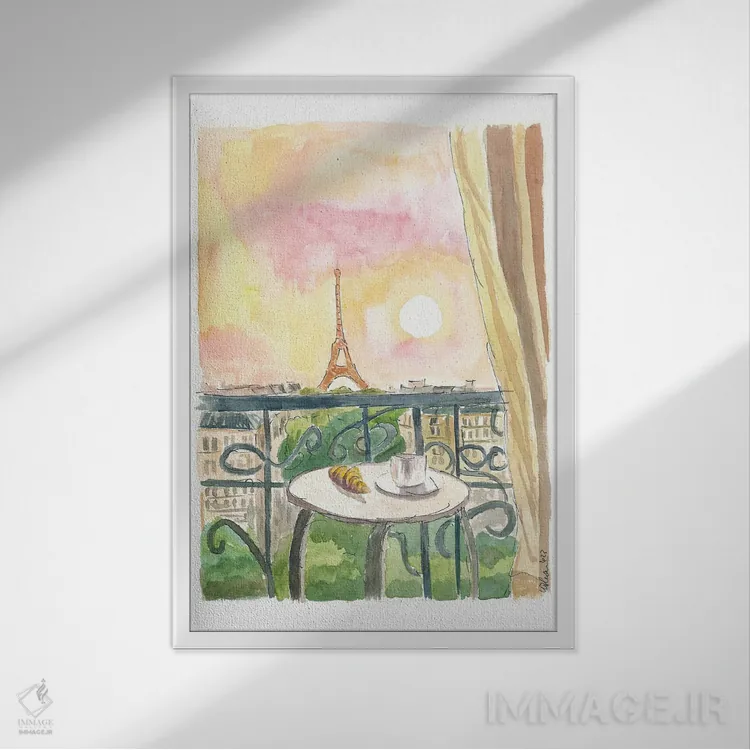 تابلو دکوراتیو "نمای بالکن پاریس فرانسه با کروسان و قهوه" اثر مارکوس و مارتینا بلیشنر - نمای قابدار سفید